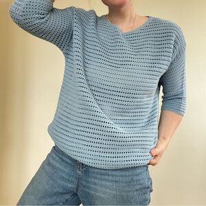 Light Blue Cotton Open-Knit Womens Sweater